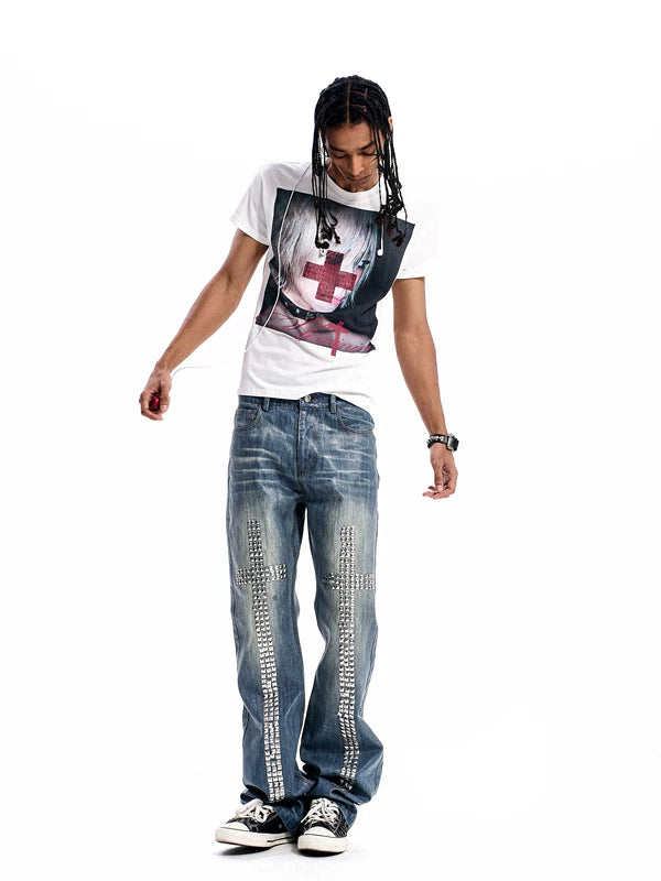Visual Kei Portrait Rhinestone Cross T-Shirt 4