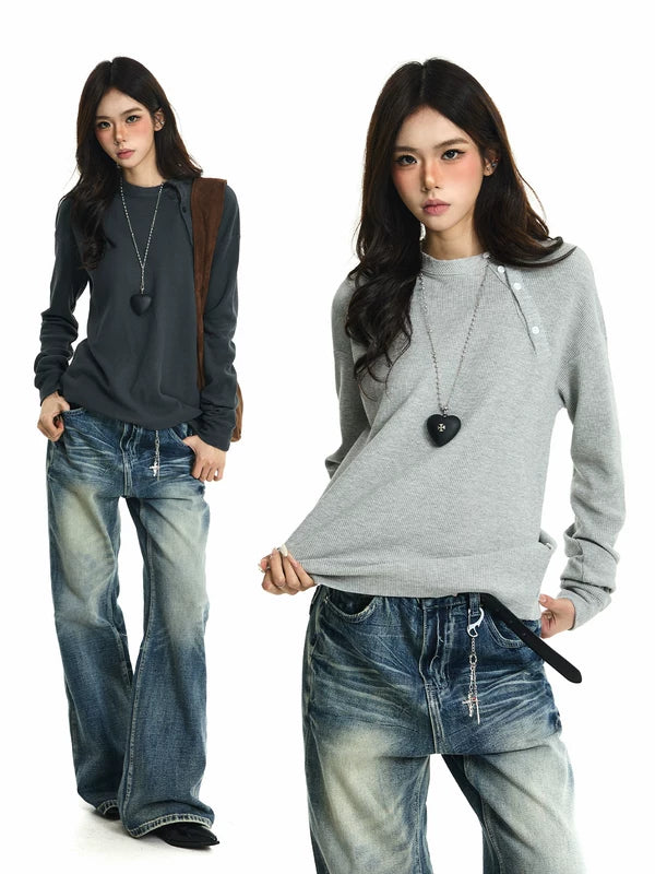 Waffle Knit Asymmetrical Neck Long Sleeve Tee 1