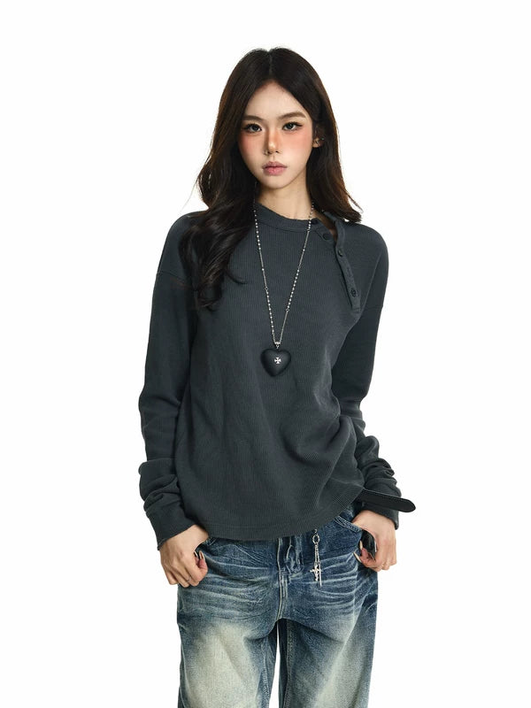 Waffle Knit Asymmetrical Neck Long Sleeve Tee 3