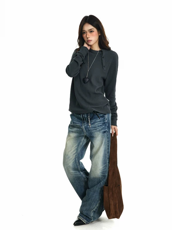 Waffle Knit Asymmetrical Neck Long Sleeve Tee 4