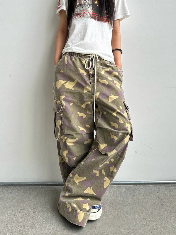 Washed Camouflage Drawstring Cargo Pants 1