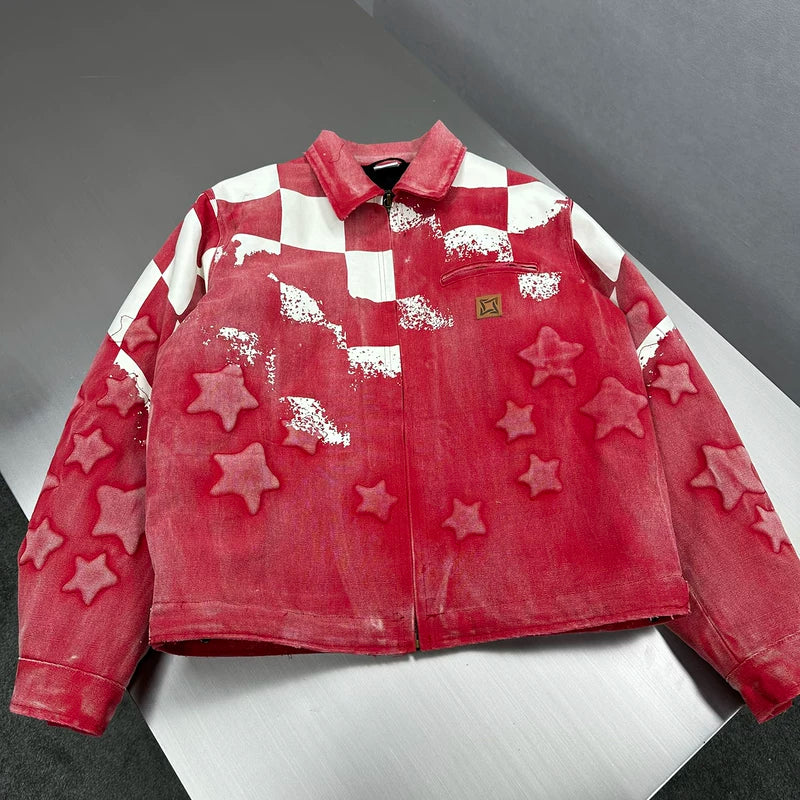Washed Canvas Checkered Star Embroidered Jacket 2
