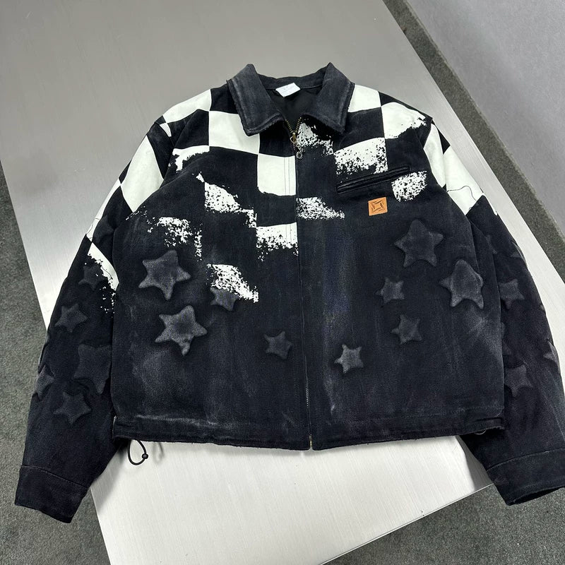 Washed Canvas Checkered Star Embroidered Jacket 3
