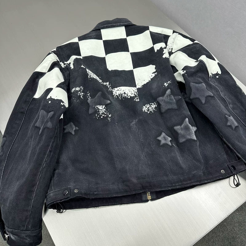Washed Canvas Checkered Star Embroidered Jacket 4