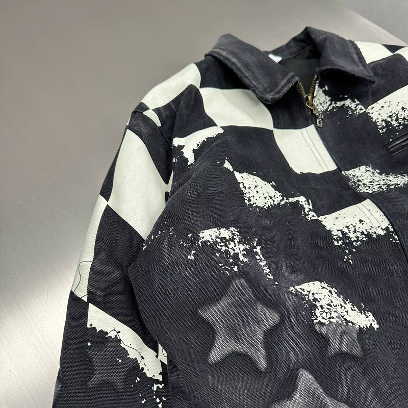 Washed Canvas Checkered Star Embroidered Jacket 5