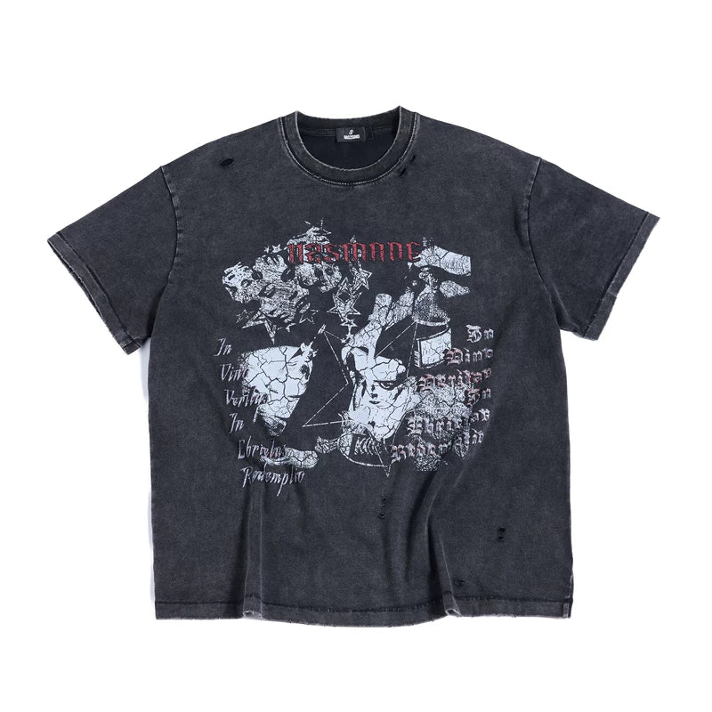 6198887235893,6198887235894,6198887235895, Washed Distressed Graphic Cotton T-Shirt