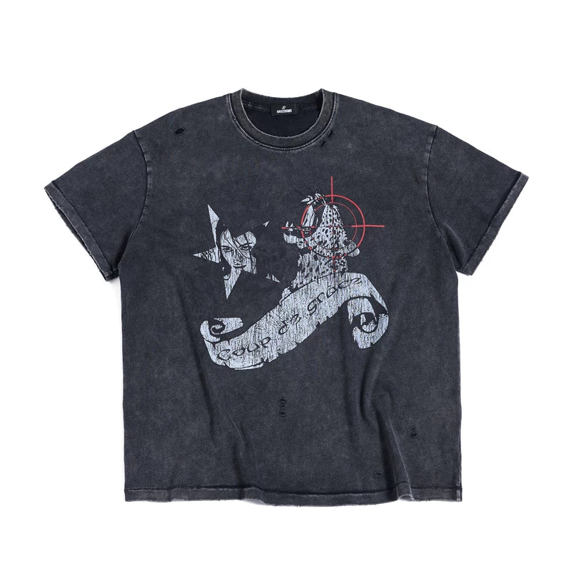 6198889795361,6198889795362,6198889795363, Washed Distressed Graphic Crew Neck T-Shirt