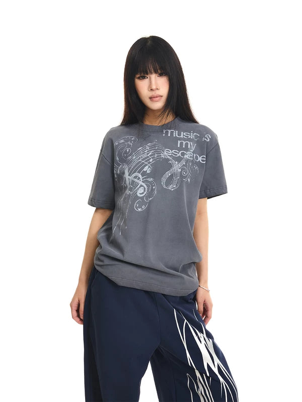 ,6247644830652,6247644830653,6247644830654,6247644830655, Washed Distressed Music Graphic T-Shirt