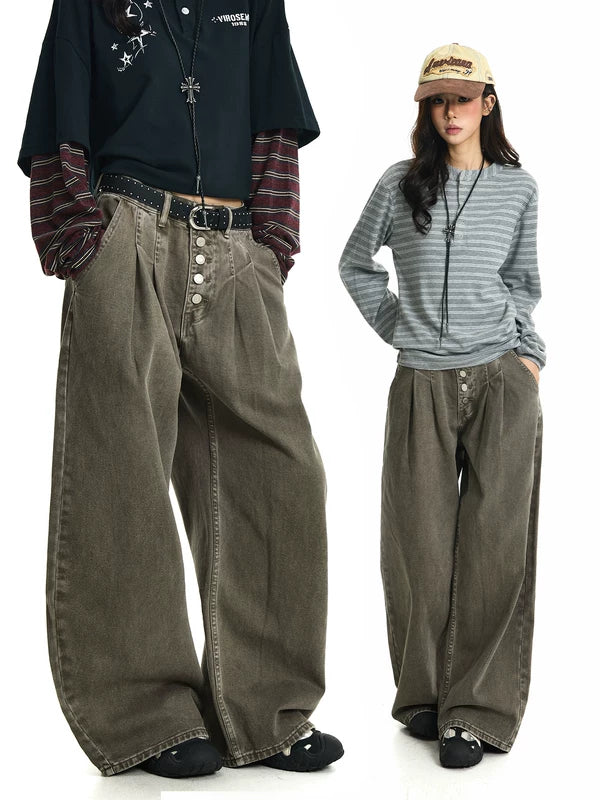 Washed Distressed Wide Leg Button Fly Jeans 1