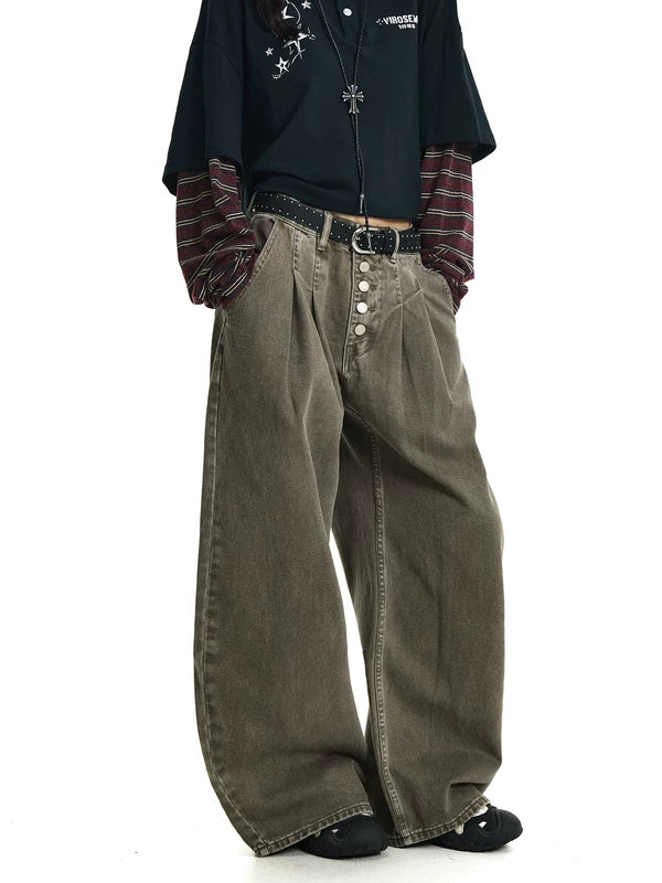 Washed Distressed Wide Leg Button Fly Jeans 4