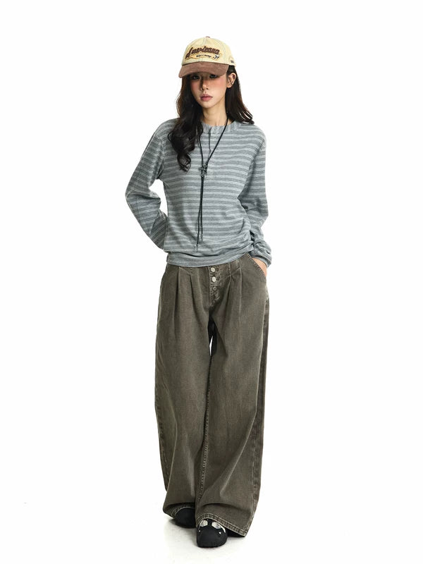 Washed Distressed Wide Leg Button Fly Jeans 5