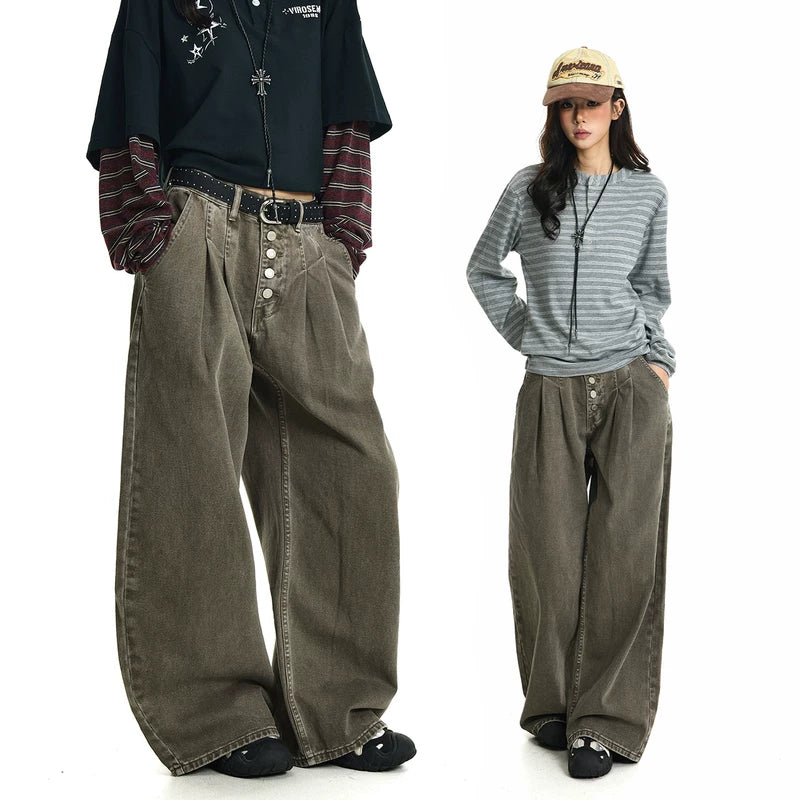 6035475452199,6035475452200,6035475452201,6035475452202,6035475452203, Washed Distressed Wide Leg Button Fly Jeans