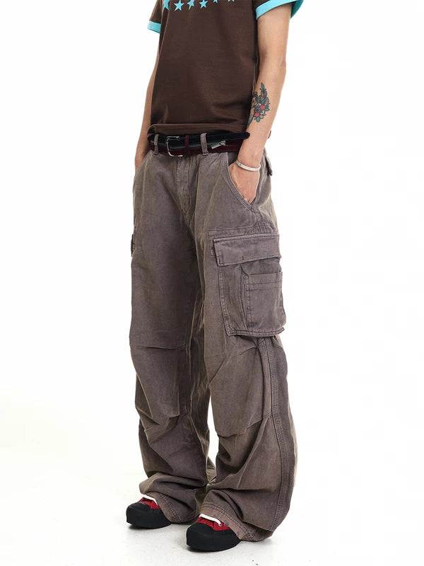 Washed Distressed Wide-Leg Cargo Pants 1