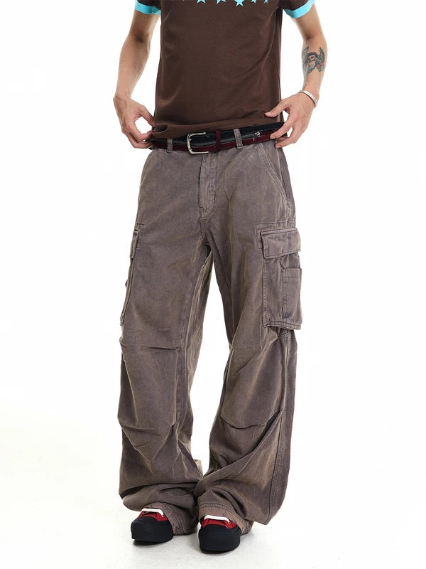 ,6079931305876,6079931305877,6079931305878,6079931305879, Washed Distressed Wide-Leg Cargo Pants