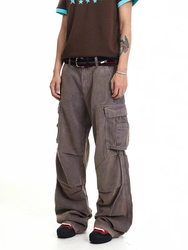 Washed Distressed Wide-Leg Cargo Pants 5