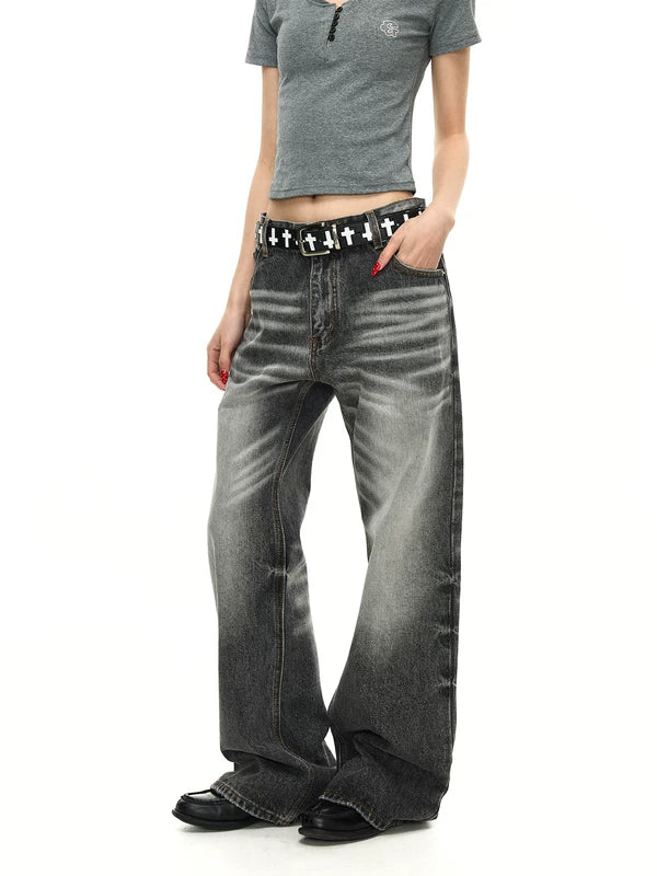Washed Distressed Wide Leg Denim Pants 1