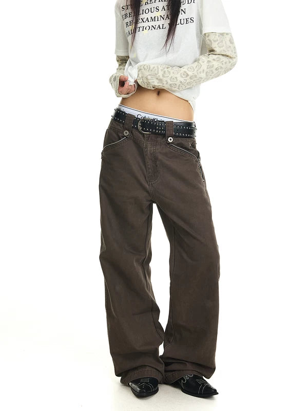 Washed Distressed Wide-Leg Zipper Pocket Pants 2
