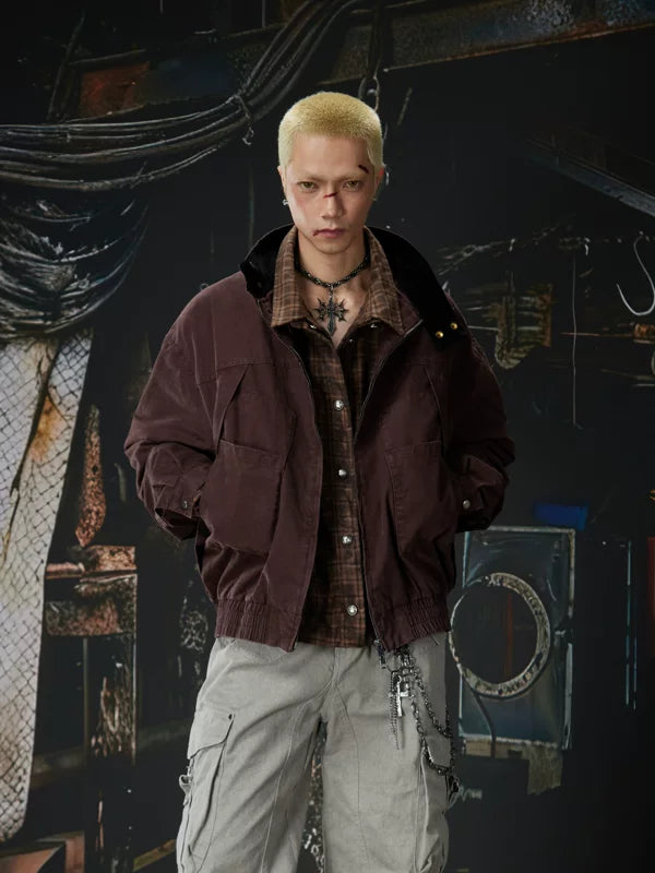 Washed Distressed Workwear Stand Collar Jacket 1