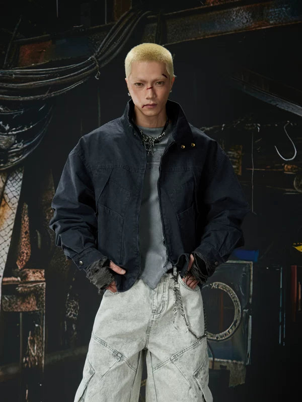 Washed Distressed Workwear Stand Collar Jacket 2