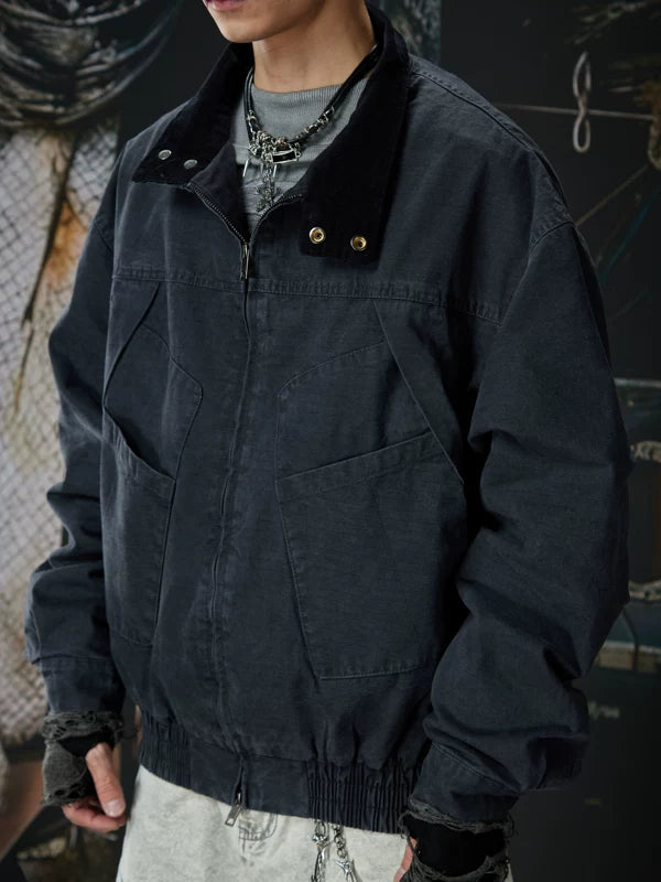 Washed Distressed Workwear Stand Collar Jacket 3