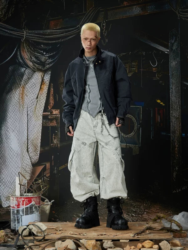 Washed Distressed Workwear Stand Collar Jacket 4