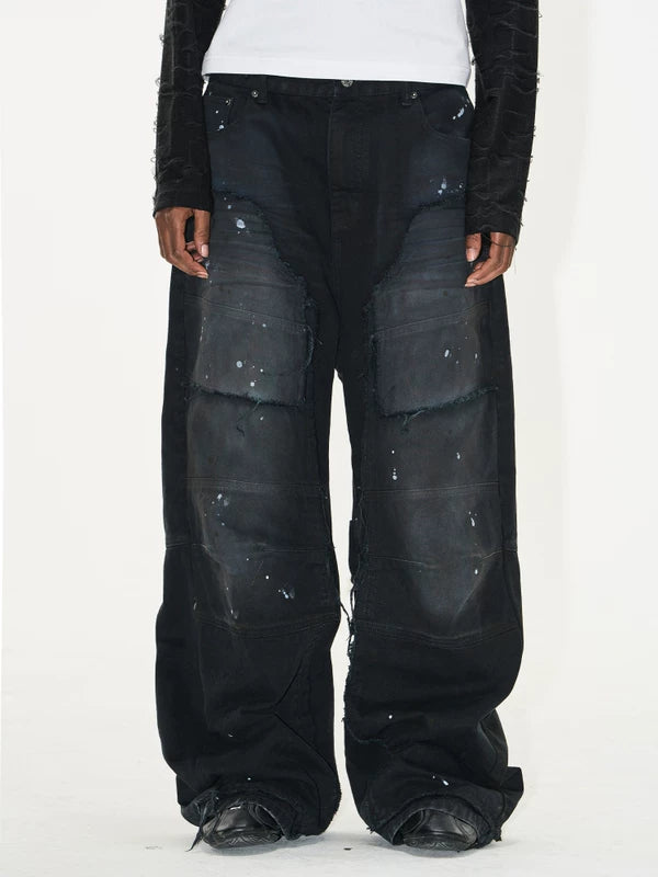 Washed Ink Splatter Patchwork Wide Leg Pants 1