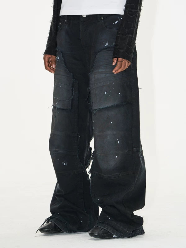 Washed Ink Splatter Patchwork Wide Leg Pants 2