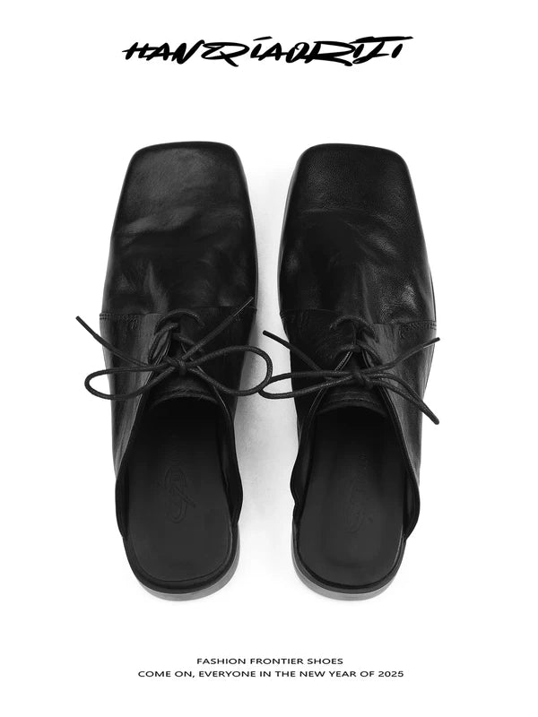 Washed Leather Square Toe Lace-up Mules 1