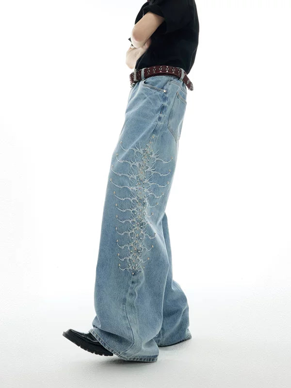 Washed Rivet Detail Wide Leg Jeans 1