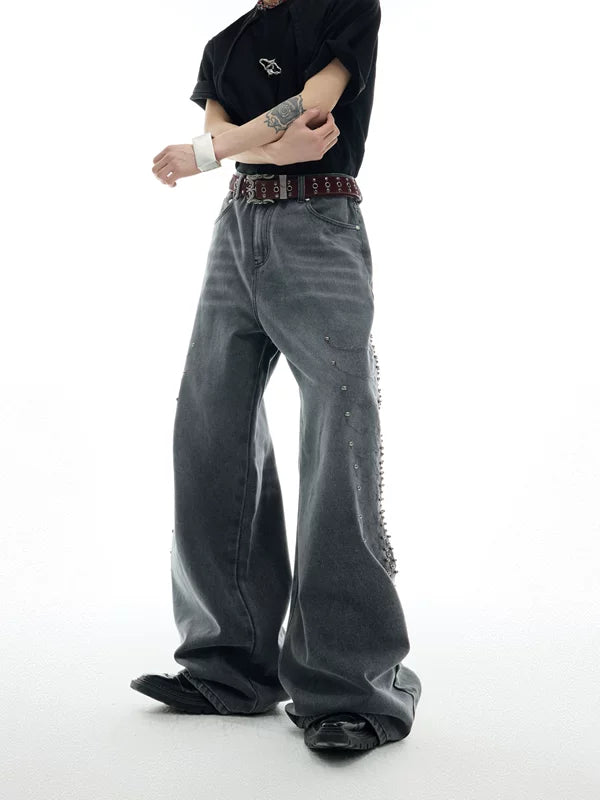 Washed Rivet Detail Wide Leg Jeans 2