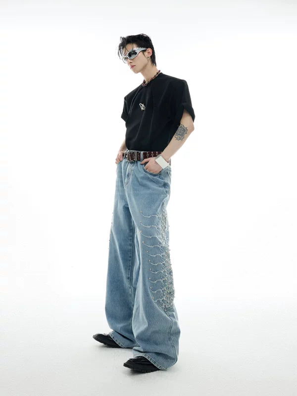 Washed Rivet Detail Wide Leg Jeans 4