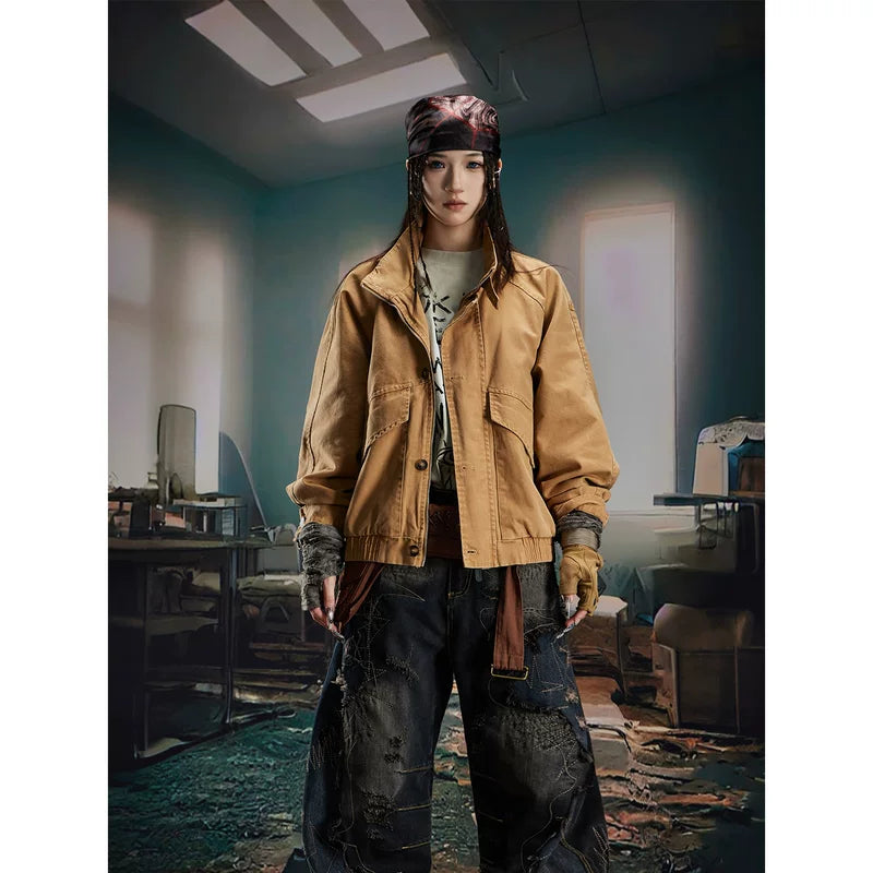 6054214730083,6054214730084,6054214730085,6054214730086, Washed Stand Collar Zip Front Jacket