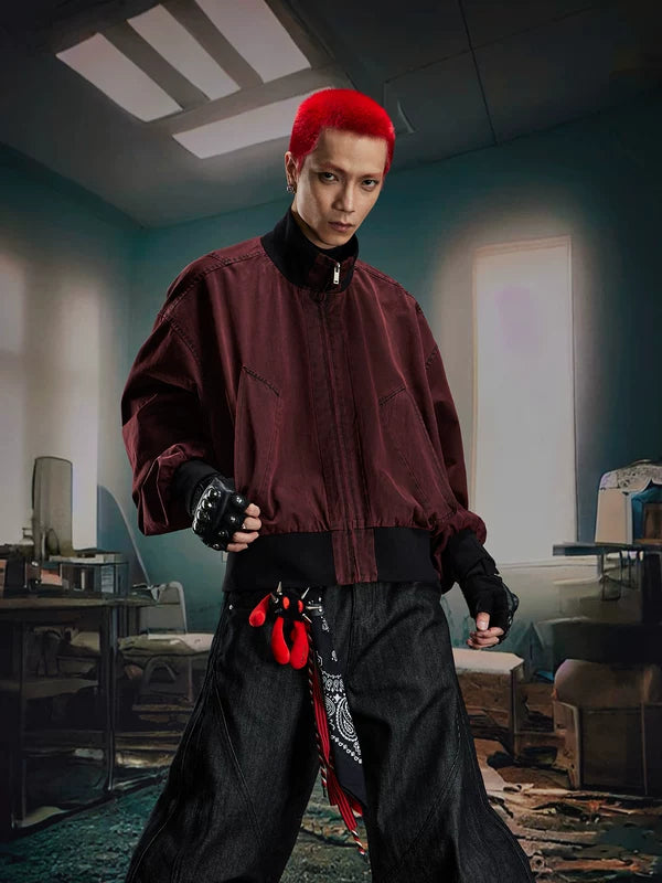 Washed Stand Collar Zip Loose-Fit Jacket 1