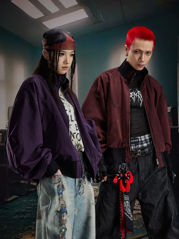 Washed Stand Collar Zip Loose-Fit Jacket 2