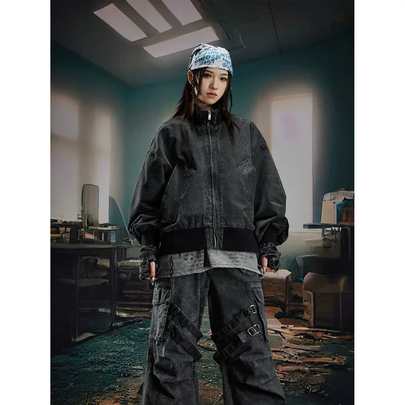 5886481369595,5886481369596,5886481369597,5886481369598, Washed Stand Collar Zip Loose-Fit Jacket