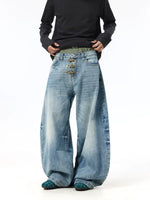 Washed Wide-Leg Button Detail Jeans Pants 1