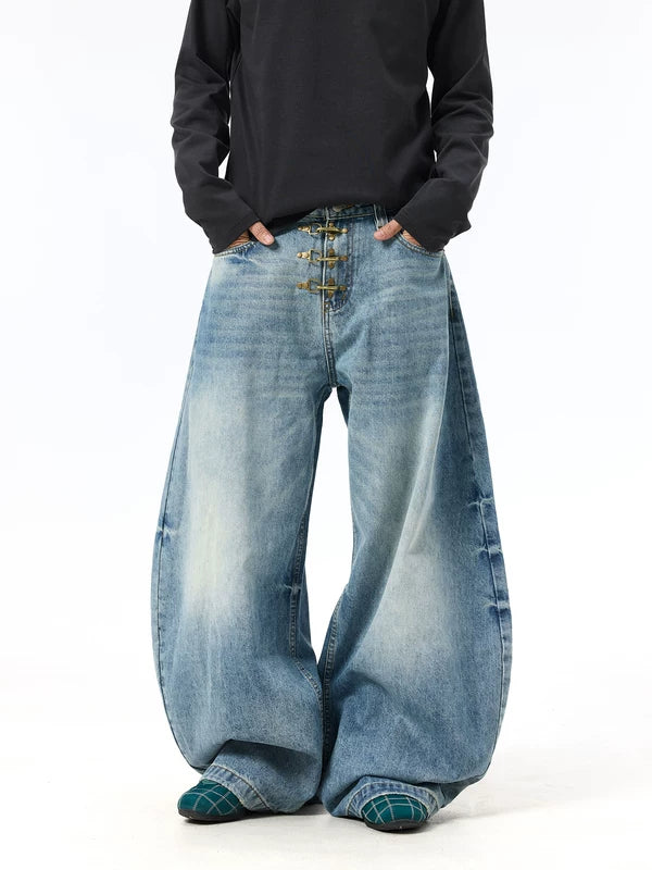 Washed Wide-Leg Button Detail Jeans Pants 2