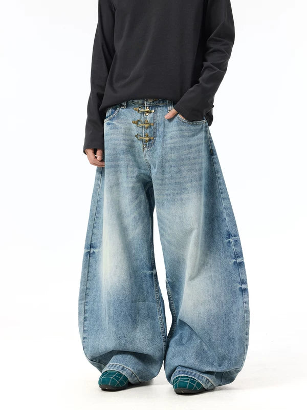 Washed Wide-Leg Button Detail Jeans Pants 5