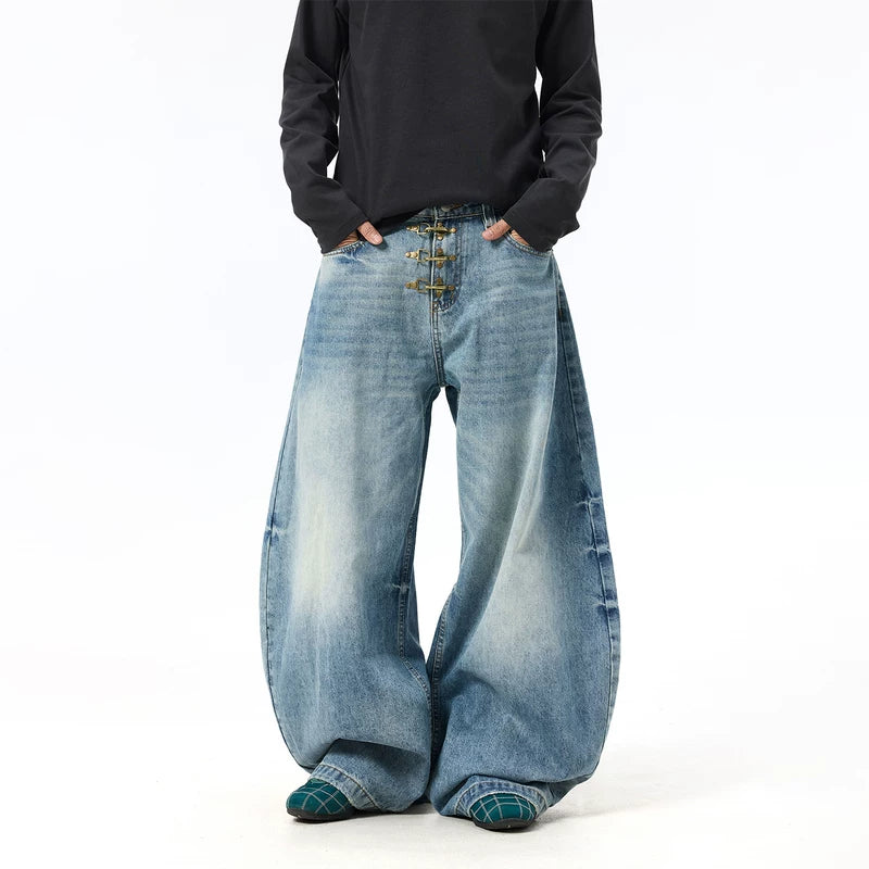 6003399584372,6003399584373,6003399584374,6003399584375,6003399584376, Washed Wide-Leg Button Detail Jeans Pants