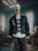 Washed Zip-Up Graphic Short Collar Jacket 1