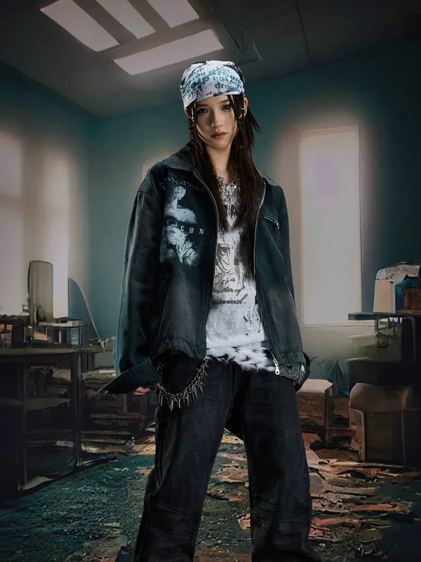 Washed Zip-Up Graphic Short Collar Jacket 2