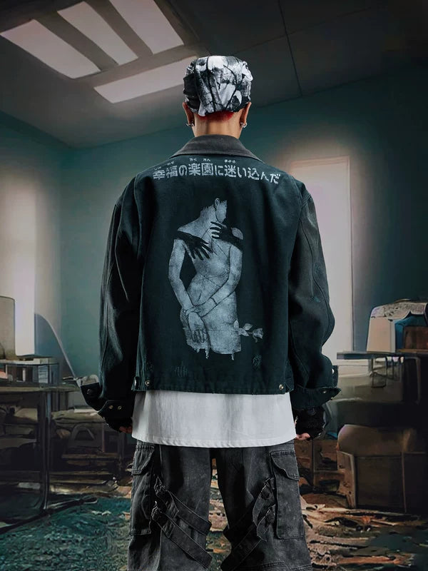 Washed Zip-Up Graphic Short Collar Jacket 3
