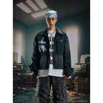 6055257759440,6055257759441,6055257759442,6055257759443, Washed Zip-Up Graphic Short Collar Jacket