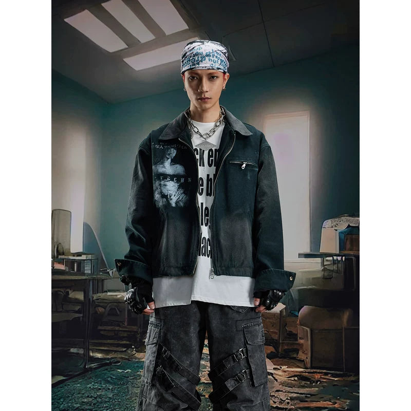 6055257759440,6055257759441,6055257759442,6055257759443, Washed Zip-Up Graphic Short Collar Jacket