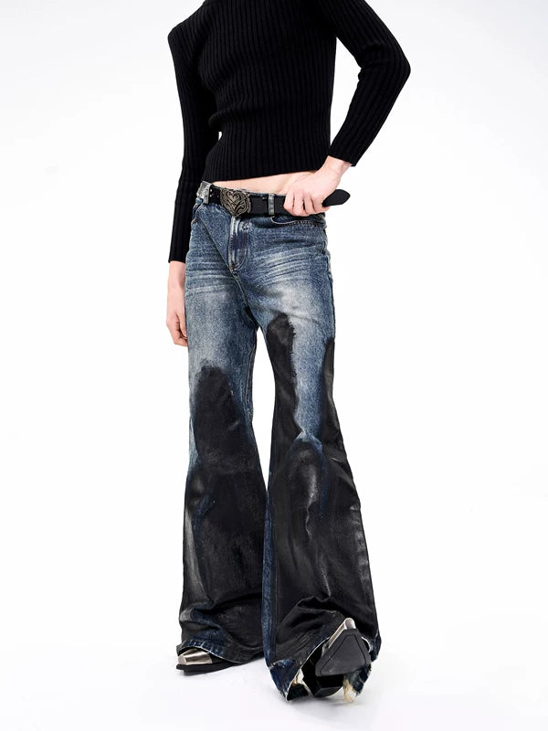 Waxed Distressed Flared Denim Pants 3