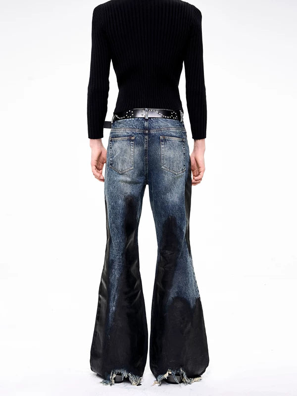 Waxed Distressed Flared Denim Pants 4