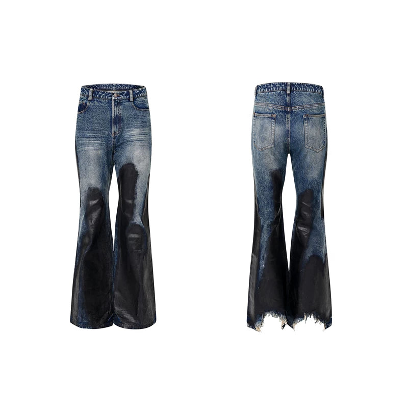 6106829098988,6106829098989,6106829098990,6106829098991, Waxed Distressed Flared Denim Pants