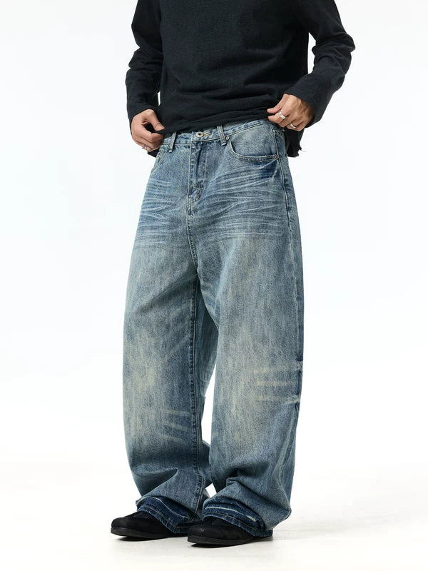 Whiskered Loose Fit Straight Leg Jeans Pants 1
