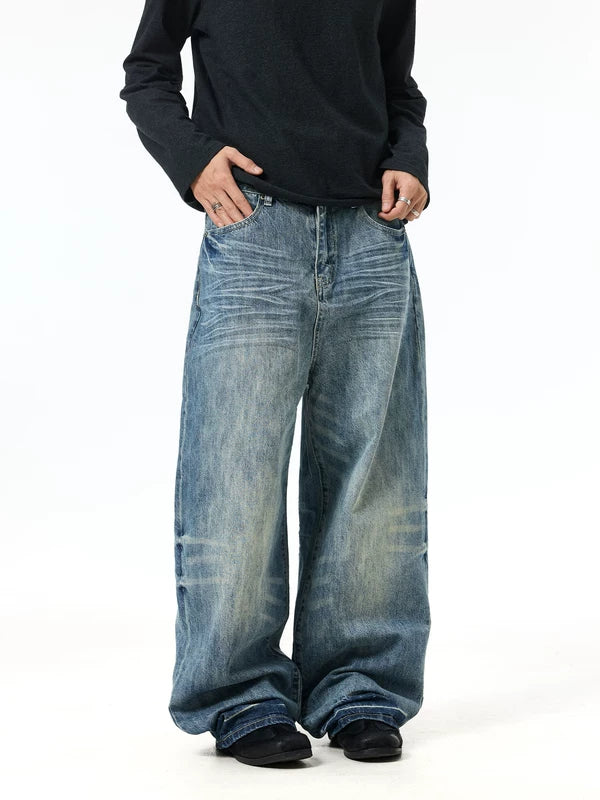 Whiskered Loose Fit Straight Leg Jeans Pants 2
