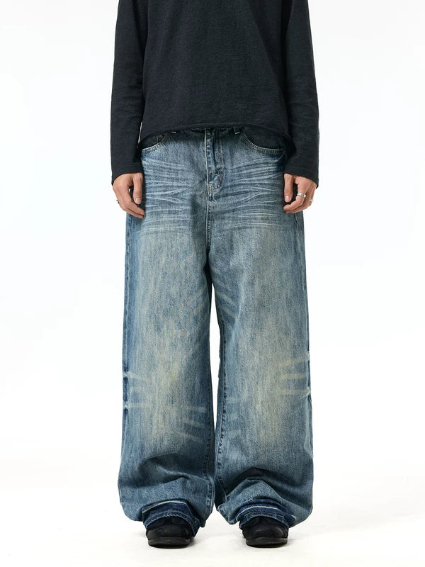 Whiskered Loose Fit Straight Leg Jeans Pants 4